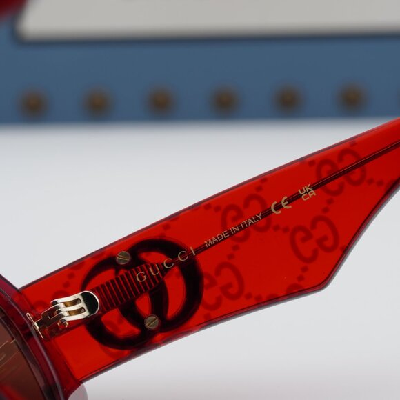 Gucci GG1421S 006 Geometric Sunglasses - Transparent Red with GG Pattern/Brown